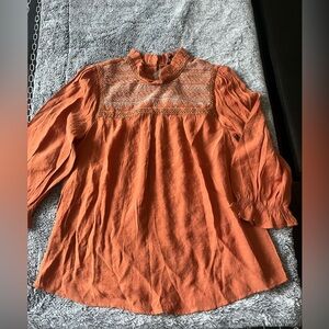 Women's Rust Orange Embroidered Ruffle-Neck Blouse